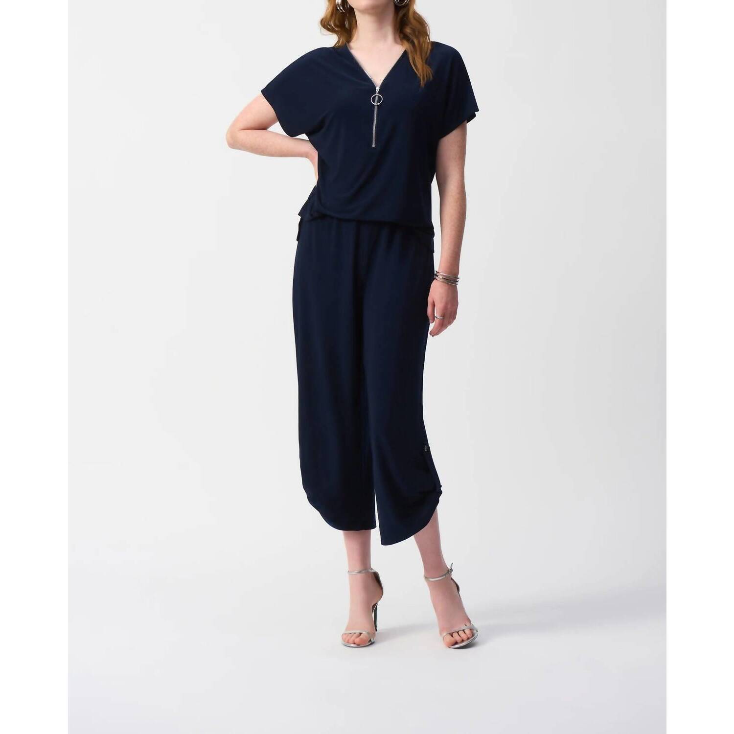 New Joseph Ribkoff V-Neck Zip Front Cropped Jumpsuit In Midnight Blue